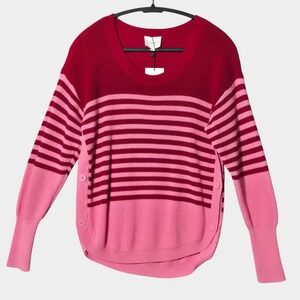Sundays Adler Side Button Cotton Sweater Striped Red Pink S Cozy Chunky NWT